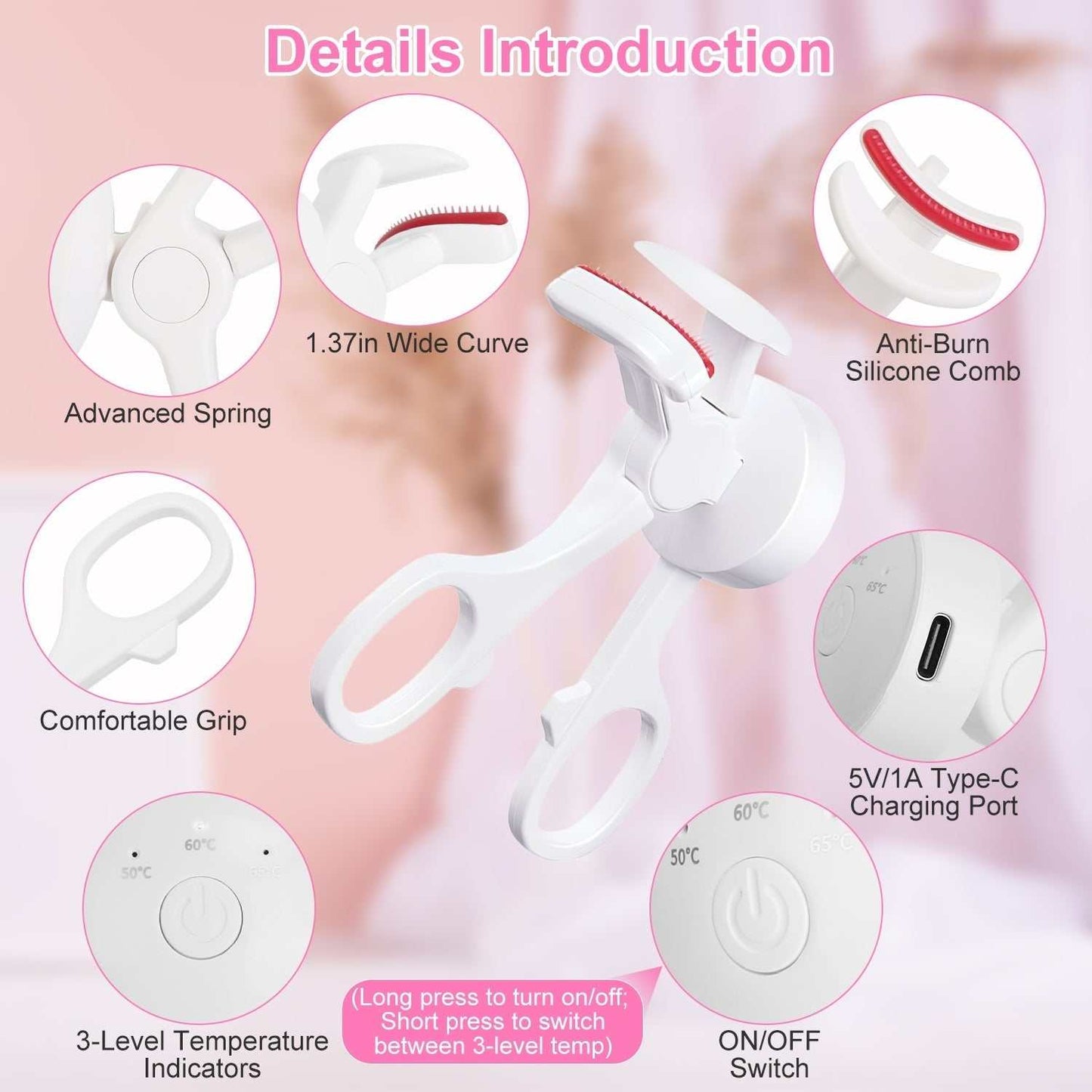 2pcs white USB rechargeable heated eyelash curlers with combs and Type-C cables for fast curling and all eye shapes