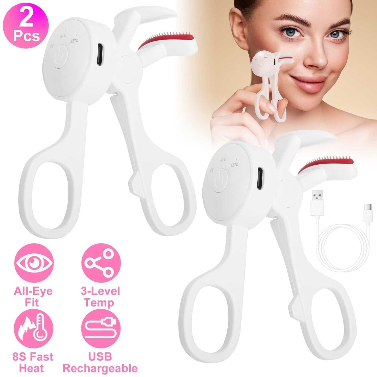 2pcs white USB rechargeable heated eyelash curlers with silicone tips and combs for fast curling