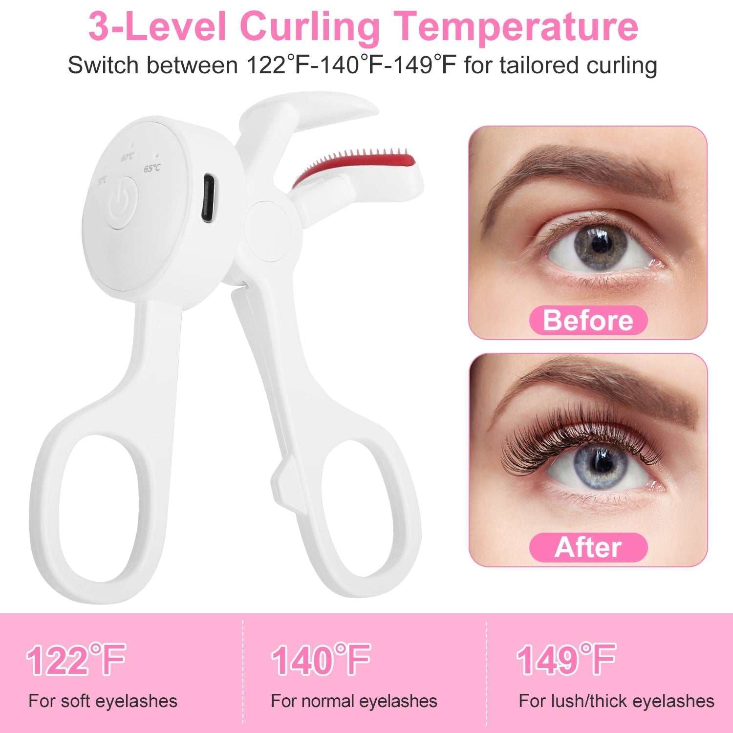 2pcs white heated eyelash curlers with USB charging cables and ergonomic design for all eye shapes