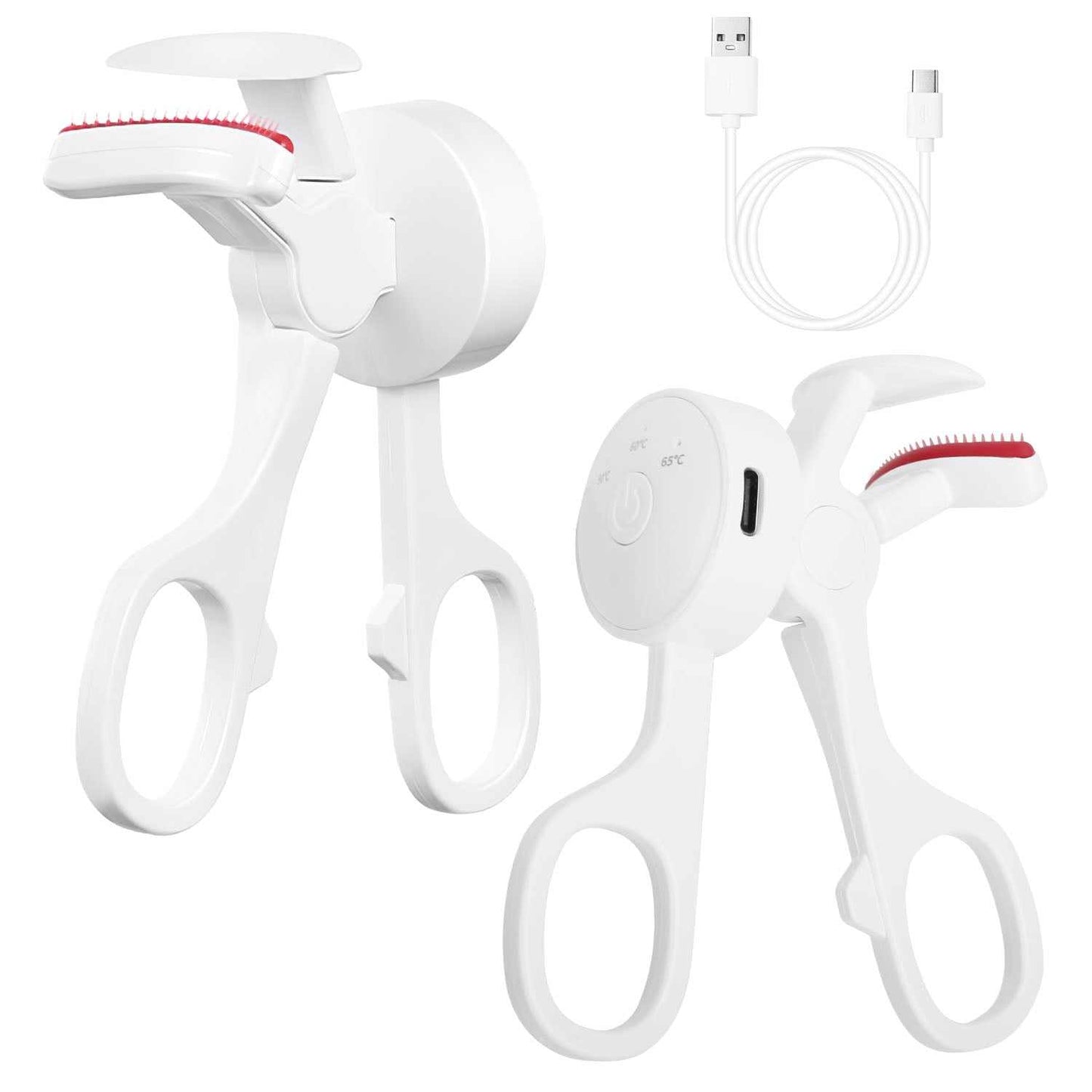 Set of 2 white USB rechargeable heated eyelash curlers with combs and ergonomic design for all eye shapes